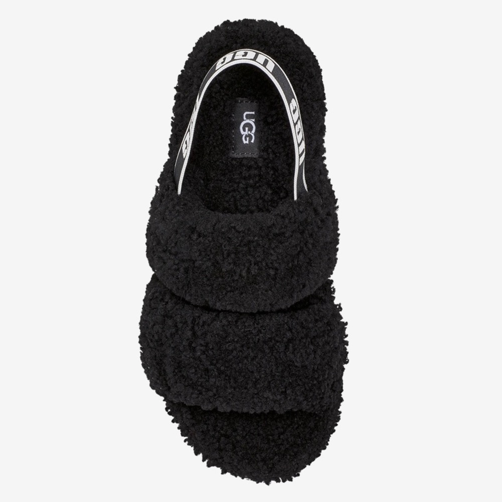 UGG Black Shearling Slide Sandals with Logo Strap